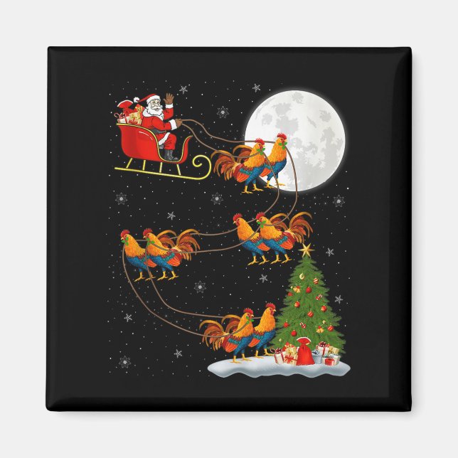 Rooster Chickens Santa Sleigh Flying Funny Magical Magnet (Vorne)