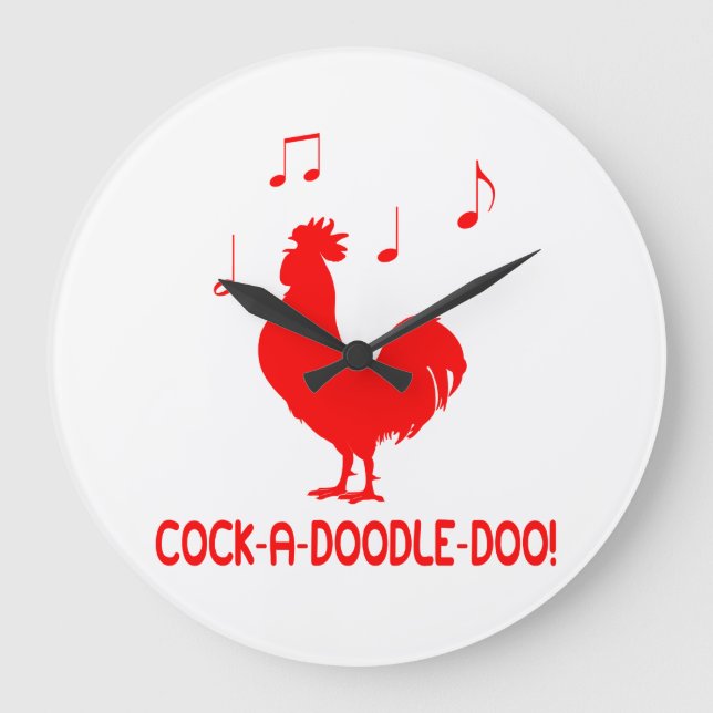 Rooster-Cock-A-Doodle-Doo-Musiknoten Große Wanduhr (Vorderseite)