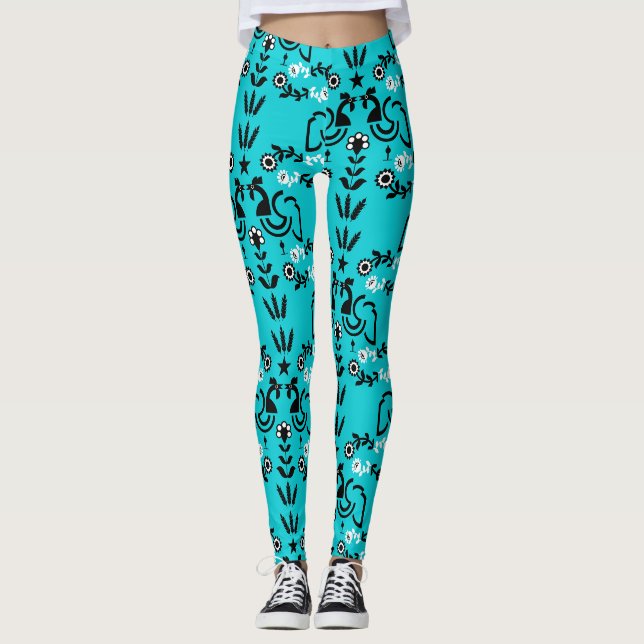 Rooster Cockerel Skandinavien Folklorekunst Leggings (Vorderseite)