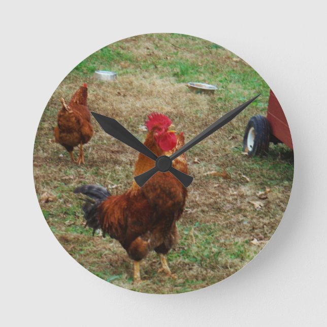 Rooster Crowing Runde Wanduhr (Vorderseite)