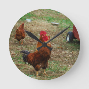 Rooster Crowing Runde Wanduhr