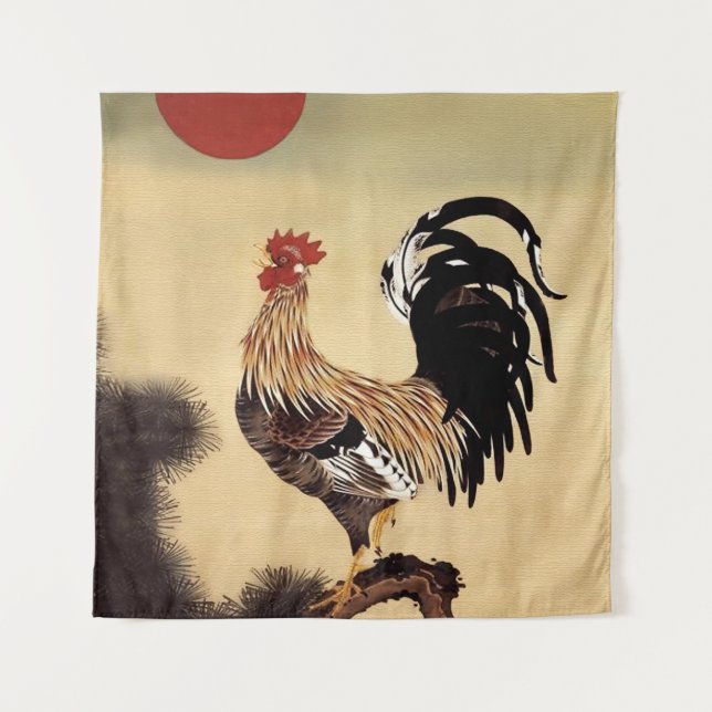 Rooster Crowing von Ito Jakuchu Wandteppich (Vorderseite)
