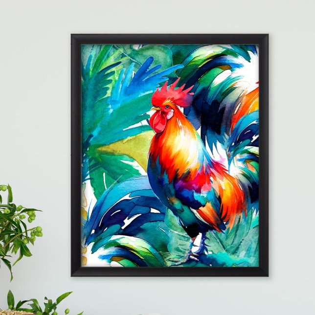 Rooster farbenfrohe Wasserfarbe Poster (Sol the rooster watercolor print in vibrant shades of tropical green, blue and red.)