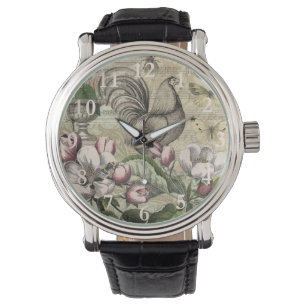 Rooster Garden Blumen Butterfly Art Armbanduhr