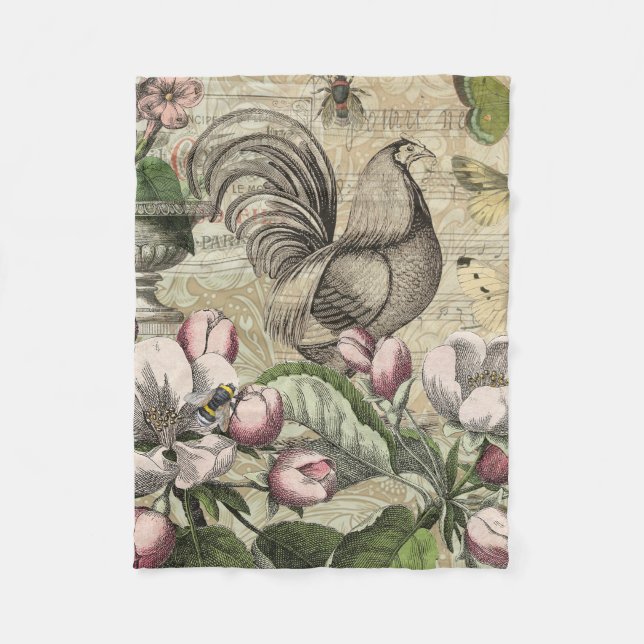 Rooster Garden Blumen Butterfly Art Fleecedecke (Vorderseite)