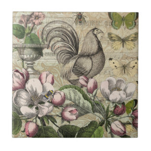 Rooster Garden Blumen Butterfly Art Fliese