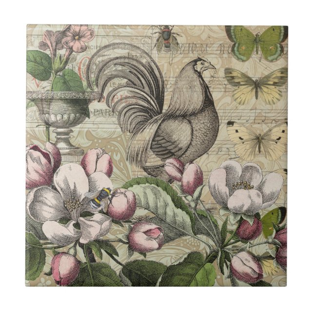 Rooster Garden Blumen Butterfly Art Fliese (Vorderseite)