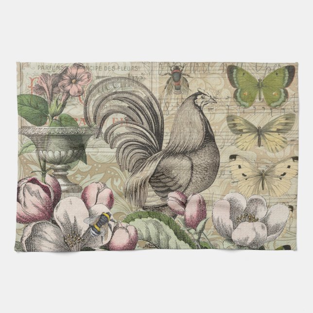 Rooster Garden Blumen Butterfly Art Geschirrtuch (Horizontal)