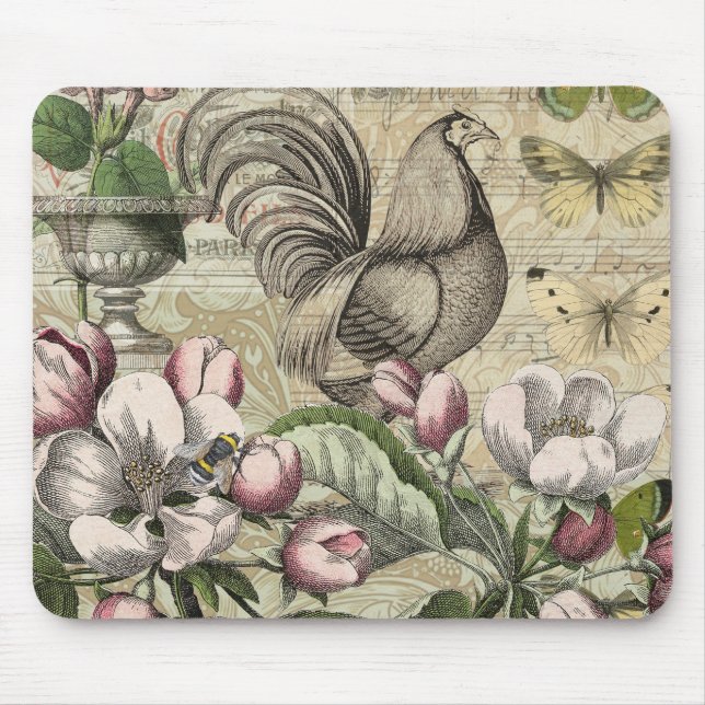 Rooster Garden Blumen Butterfly Art Mousepad (Vorne)