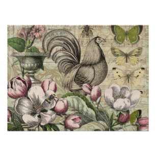 Rooster Garden Blumen Butterfly Art Poster