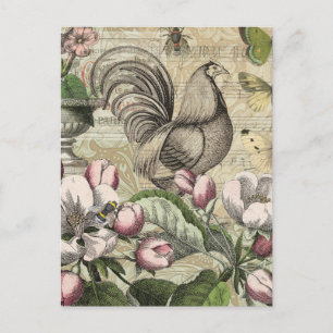 Rooster Garden Blumen Butterfly Art Postkarte