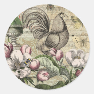 Rooster Garden Blumen Butterfly Art Runder Aufkleber