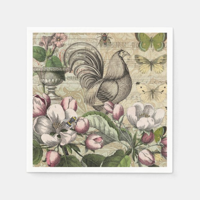 Rooster Garden Blumen Butterfly Art Serviette (Vorderseite)