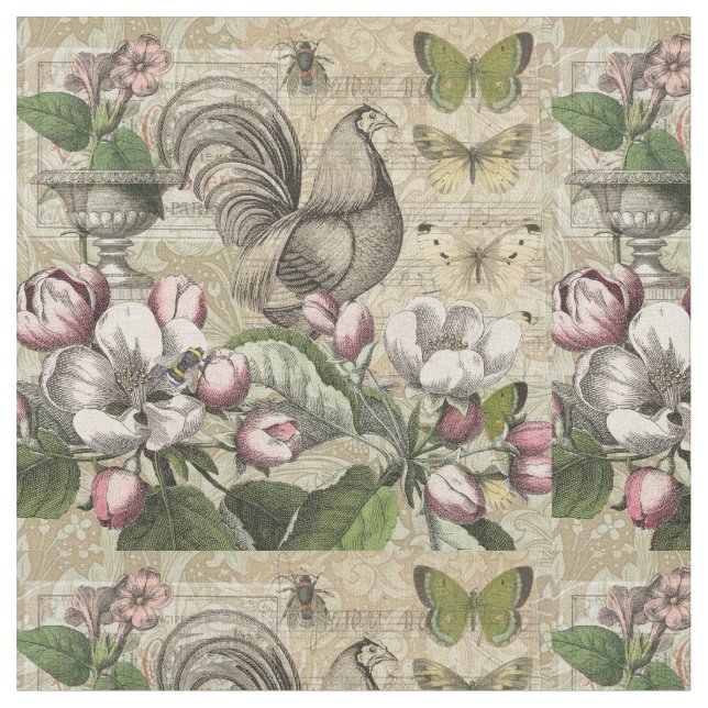 Rooster Garden Blumen Butterfly Art Stoff (Nahaufnahme)