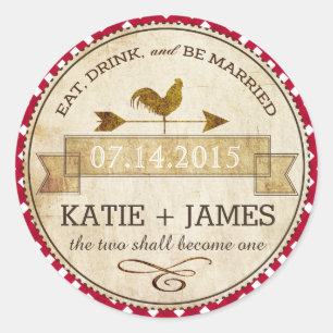 Rooster Gingham Karo Rustic Wedding Label Runder Aufkleber