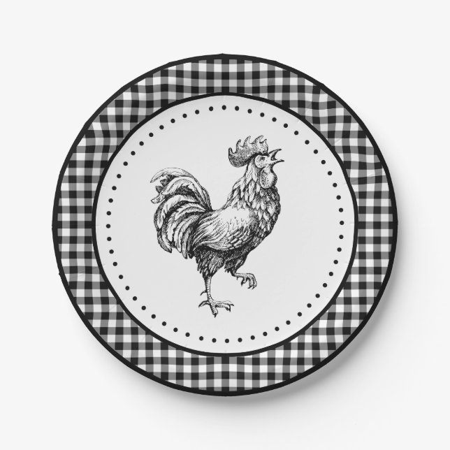 Rooster Gingham Pappteller (Vorderseite)