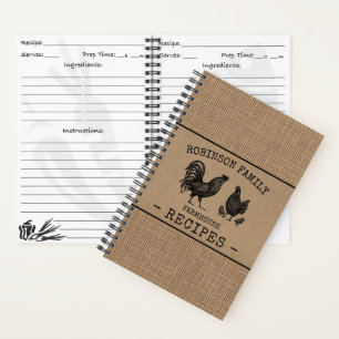 Rooster Hen Family Farmhouse Burlap Craft Rezept Notizbuch