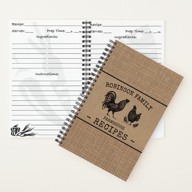 Rooster Hen Family Farmhouse Burlap Kraft Rezept Notizbuch (Innen)