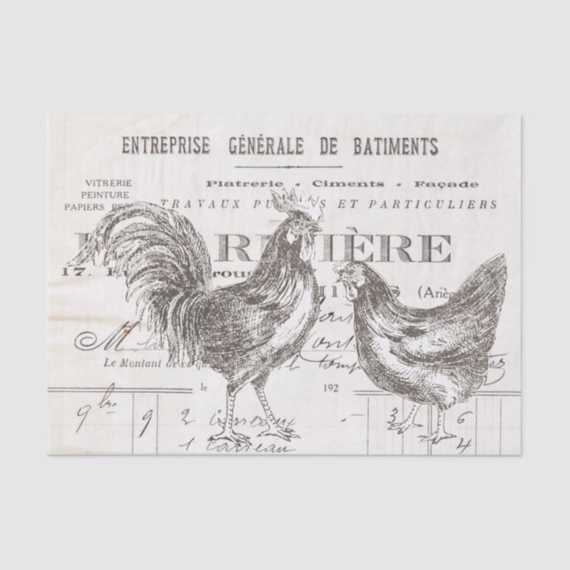 Rooster Hen Französisch Script Ephemera Bird Decou Seidenpapier (Vorderseite)