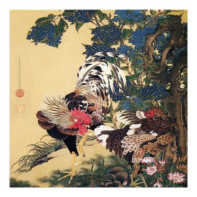 Rooster Hen und Hydrangea von Ito Jakuchu Fotodruck (Vorne)