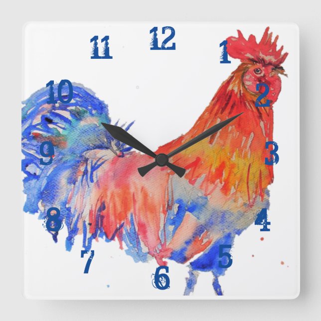 Rooster Hühner Cockerel Kinder Boys Kinderzimmer R Quadratische Wanduhr (Vorderseite)