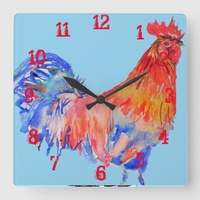 Rooster Hühner Cockerel Kinder Boys Kinderzimmer R Quadratische Wanduhr (Vorderseite)