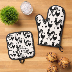 Rooster Hühner Personalisierter Name Ofenhandschuh & Topflappen-Set