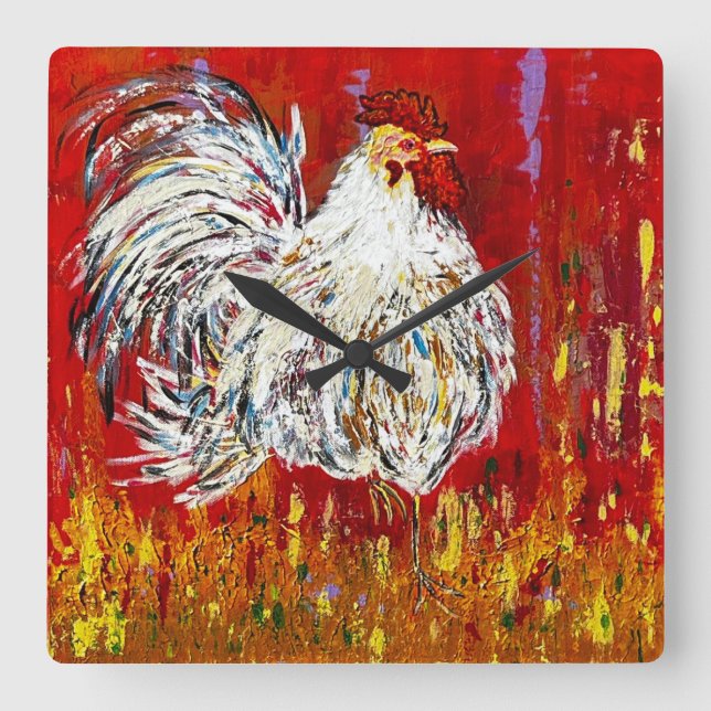 Rooster-Hühneruhr Quadratische Wanduhr (Vorderseite)