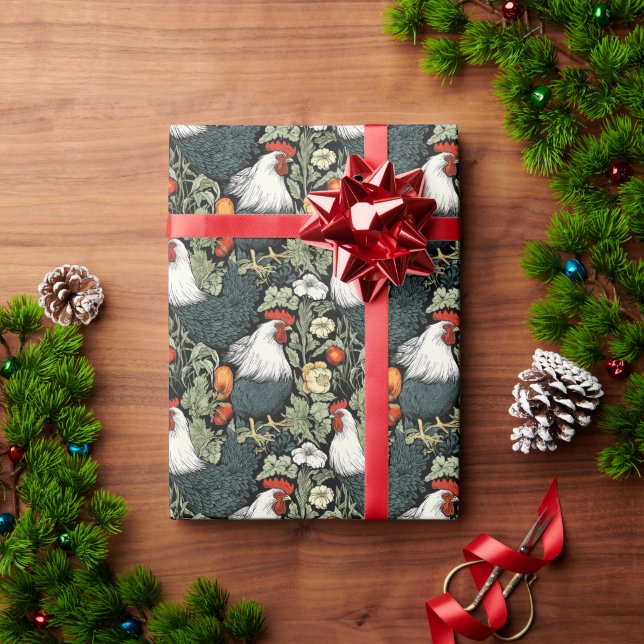 Rooster im grünen Garten William Morris Style Geschenkpapier (Feiertagsgeschenk)