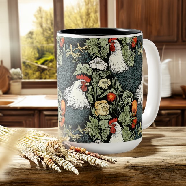 Rooster im grünen Garten William Morris Style Kaffeetasse (Von Creator hochgeladen)
