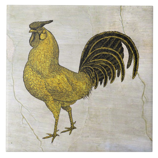 Rooster in Gold im Fresco-Muster Fliese (Vorderseite)