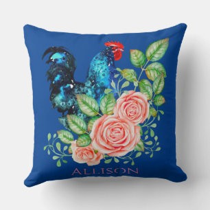 Rooster mit Blume Blau Kissen