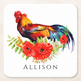 Rooster mit Blume Personalisierte quadratische Pap Rechteckiger Pappuntersetzer