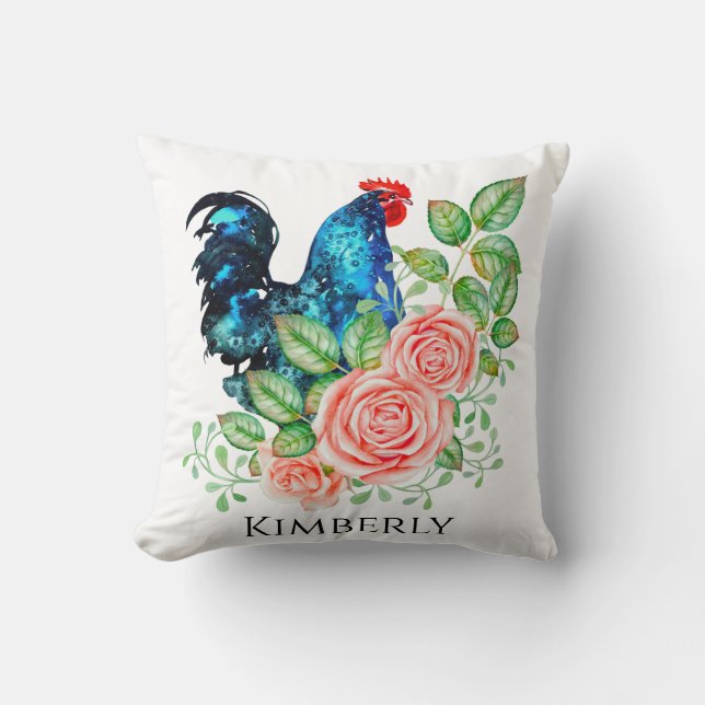 Rooster mit Blume Wasserfarben Art Throw Kissen (Vorderseite)