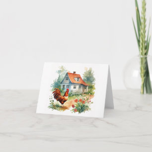 Rooster mit dem alten Bauernhaus und den Blume BLA Karte