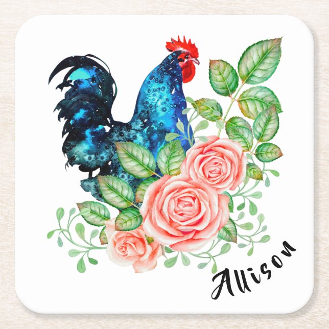 Rooster mit Personalisierten Blume Rechteckiger Pappuntersetzer (Vorderseite)