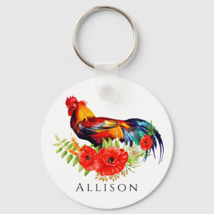 Rooster mit Personalisierten Blume Schlüsselanhänger