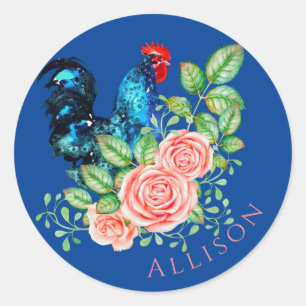 Rooster mit Personalisierten Rose Runder Aufkleber