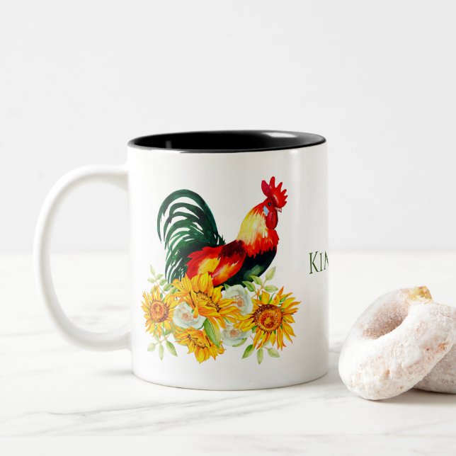 Rooster mit Sonnenblumen Personalisierte Wasserfar Zweifarbige Tasse (Mit Donut)