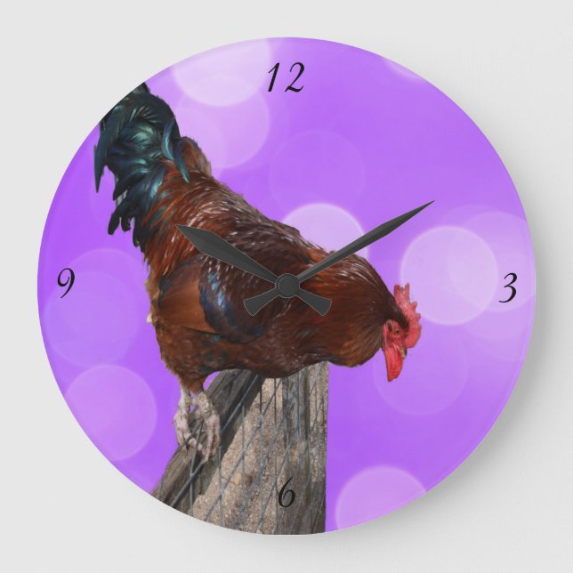 Rooster Nosy Parker, Pink Large Wall Clock. Große Wanduhr (Vorderseite)