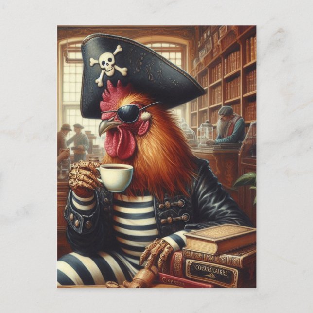 Rooster Pirate mit Kaffee in einem Buchladen Postkarte (Vorderseite)