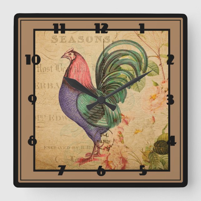 Rooster Quadratische Wanduhr (Vorderseite)