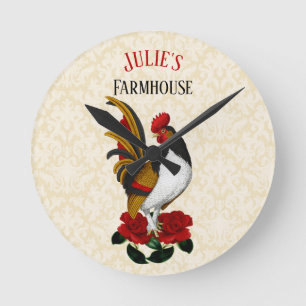 Rooster Red Black Gold Runde Wanduhr