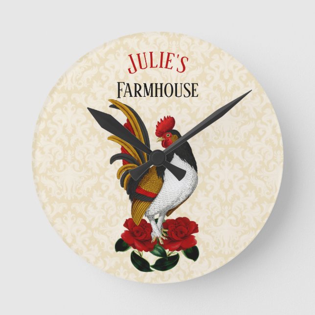 Rooster Red Black Gold Runde Wanduhr (Vorderseite)