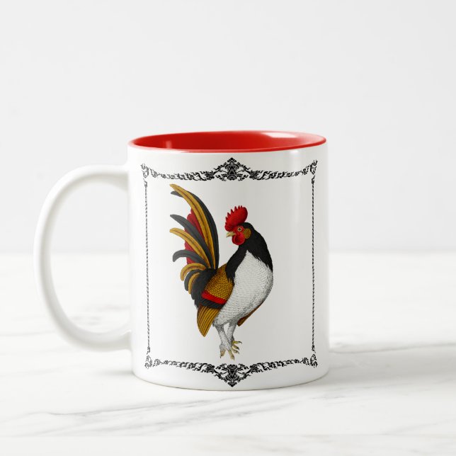 Rooster Red Black Gold Zweifarbige Tasse (Links)