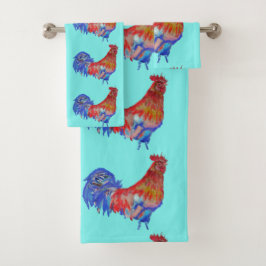 Rooster Roosters Chicken Blue Aqua Boys Mens Badhandtuch Set