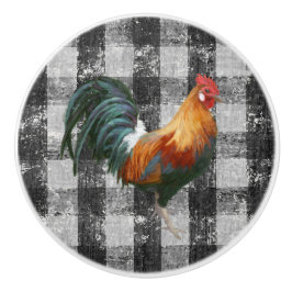 Rooster Rustikales Bauernhaus Schwarz-weiß Gingham Keramikknauf