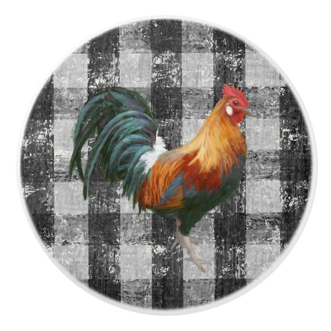 Rooster Rustikales Bauernhaus Schwarz-weiß Gingham Keramikknauf (Vorderseite)