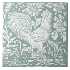 Rooster Sage Green Garden Szene Chicken Butterfly Fliese