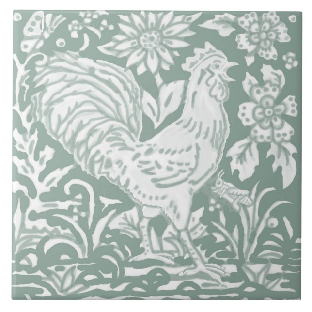 Rooster Sage Green Garden Szene Chicken Butterfly Fliese (Vorderseite)